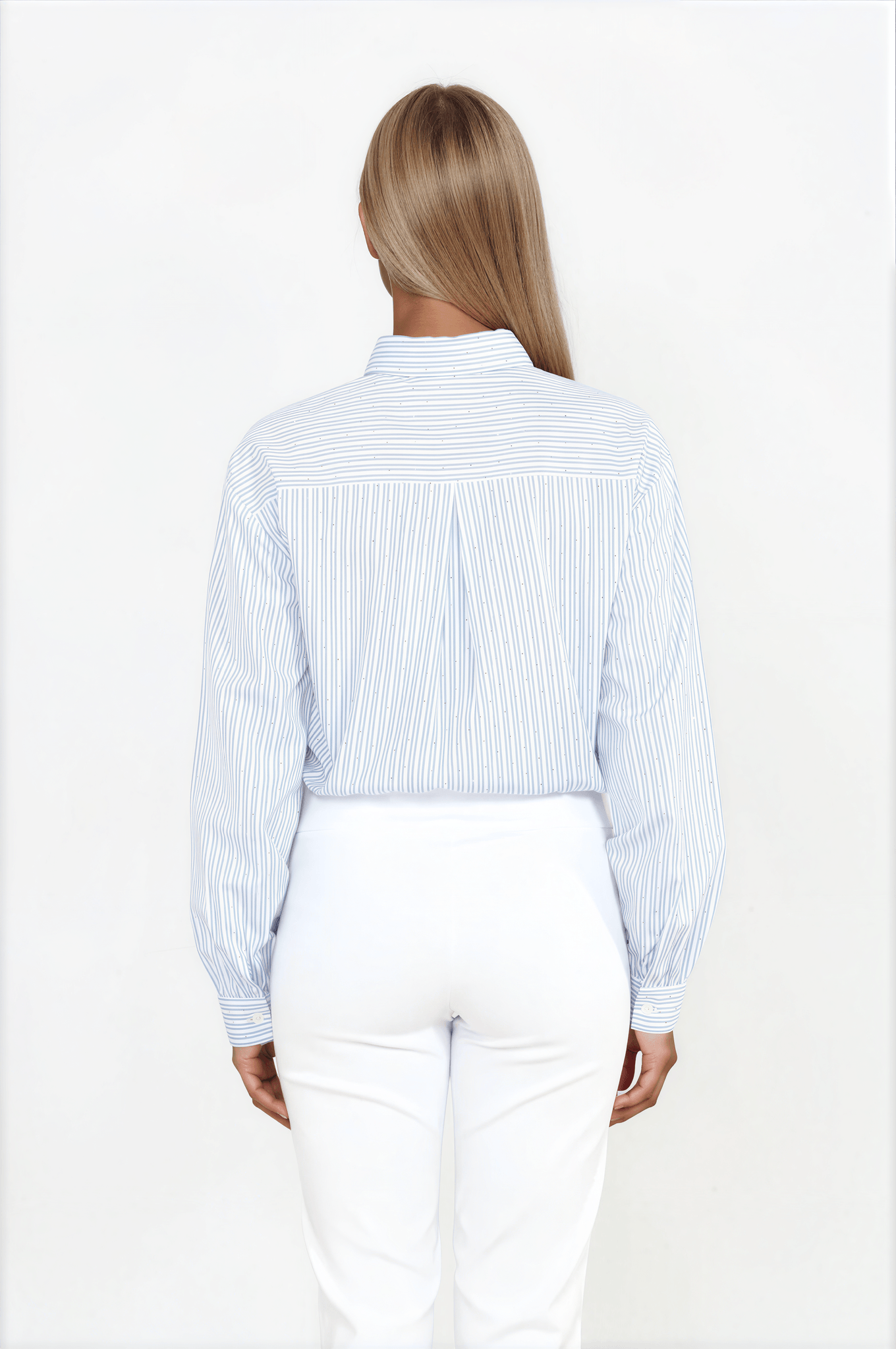 Blue Stripe Button-Down Blouse with Micro Studs