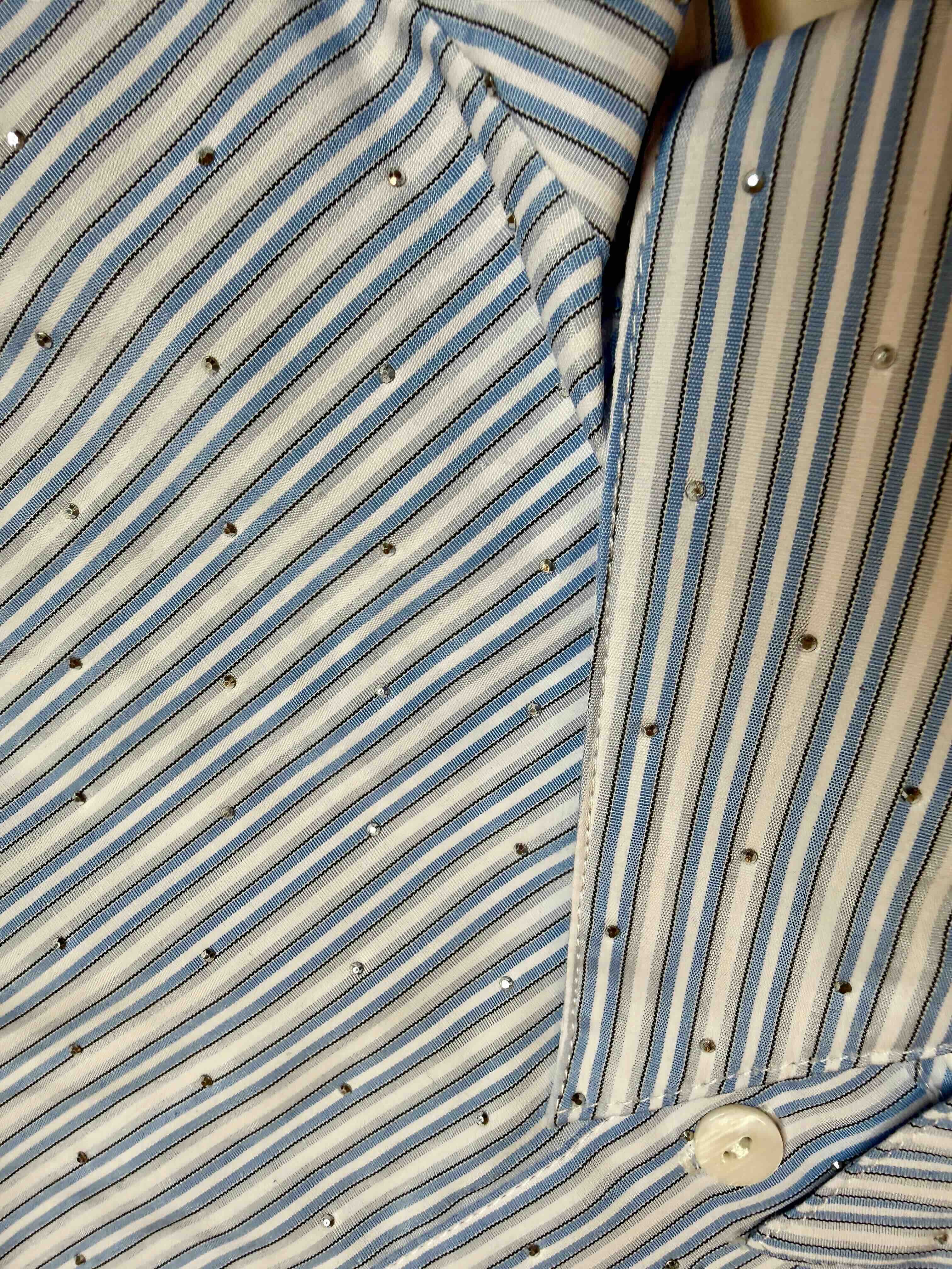 Blue Stripe Button-Down Blouse with Micro Studs