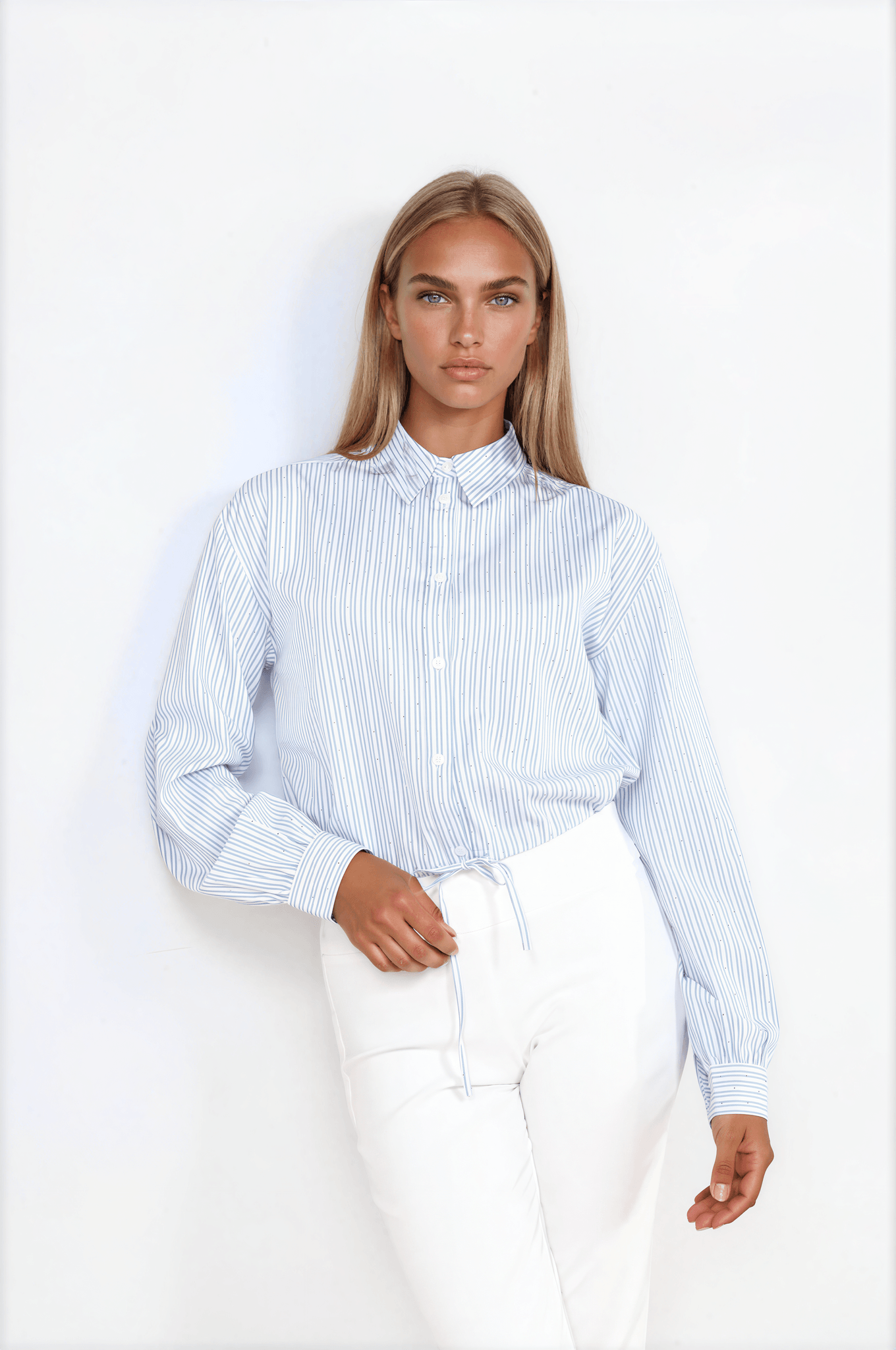 Blue Stripe Button-Down Blouse with Micro Studs