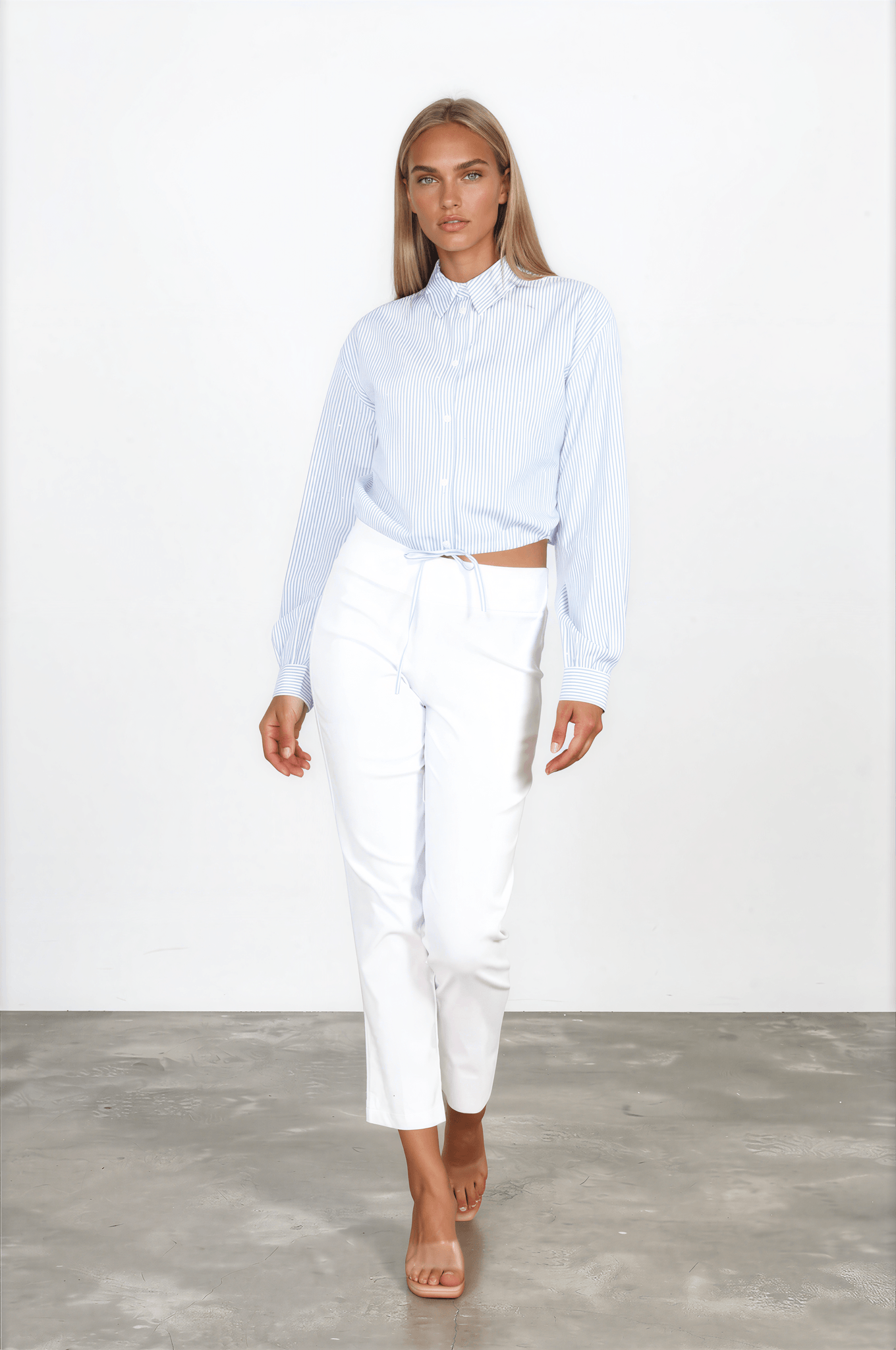 Blue Stripe Button-Down Blouse with Micro Studs