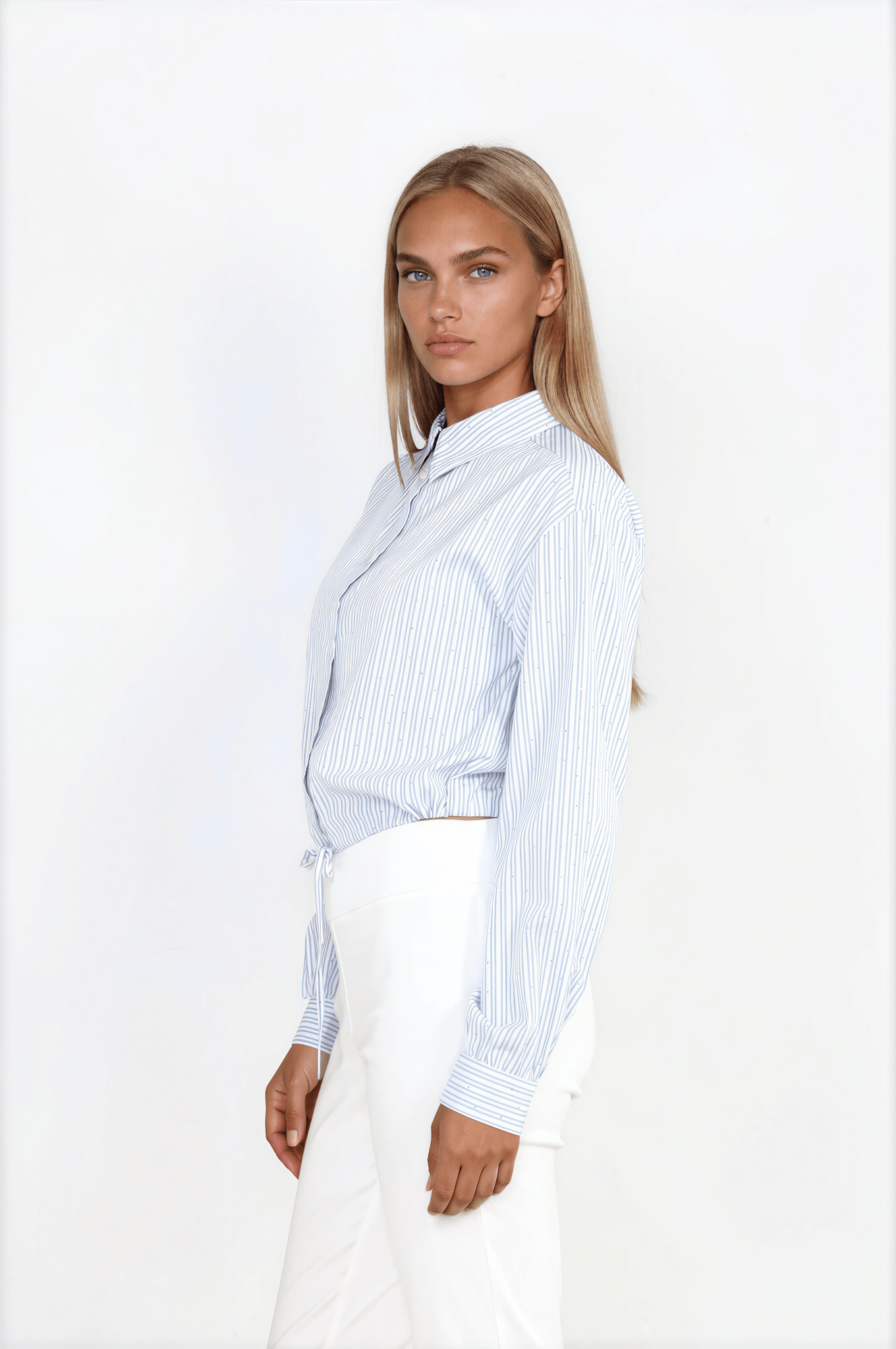 Blue Stripe Button-Down Blouse with Micro Studs