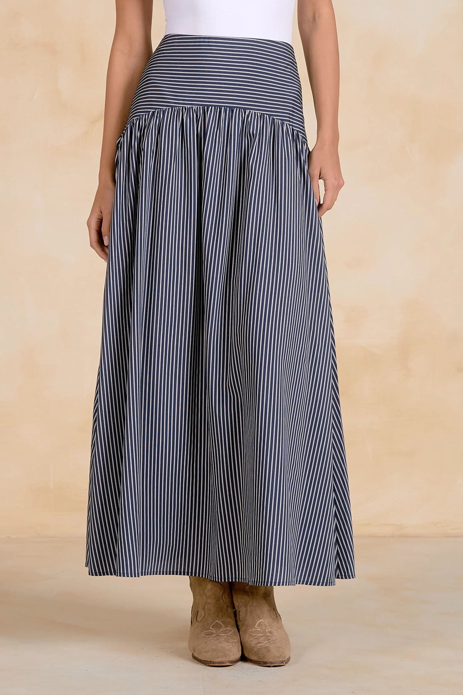 Navy & White Mixed Stripe Midi Skirt