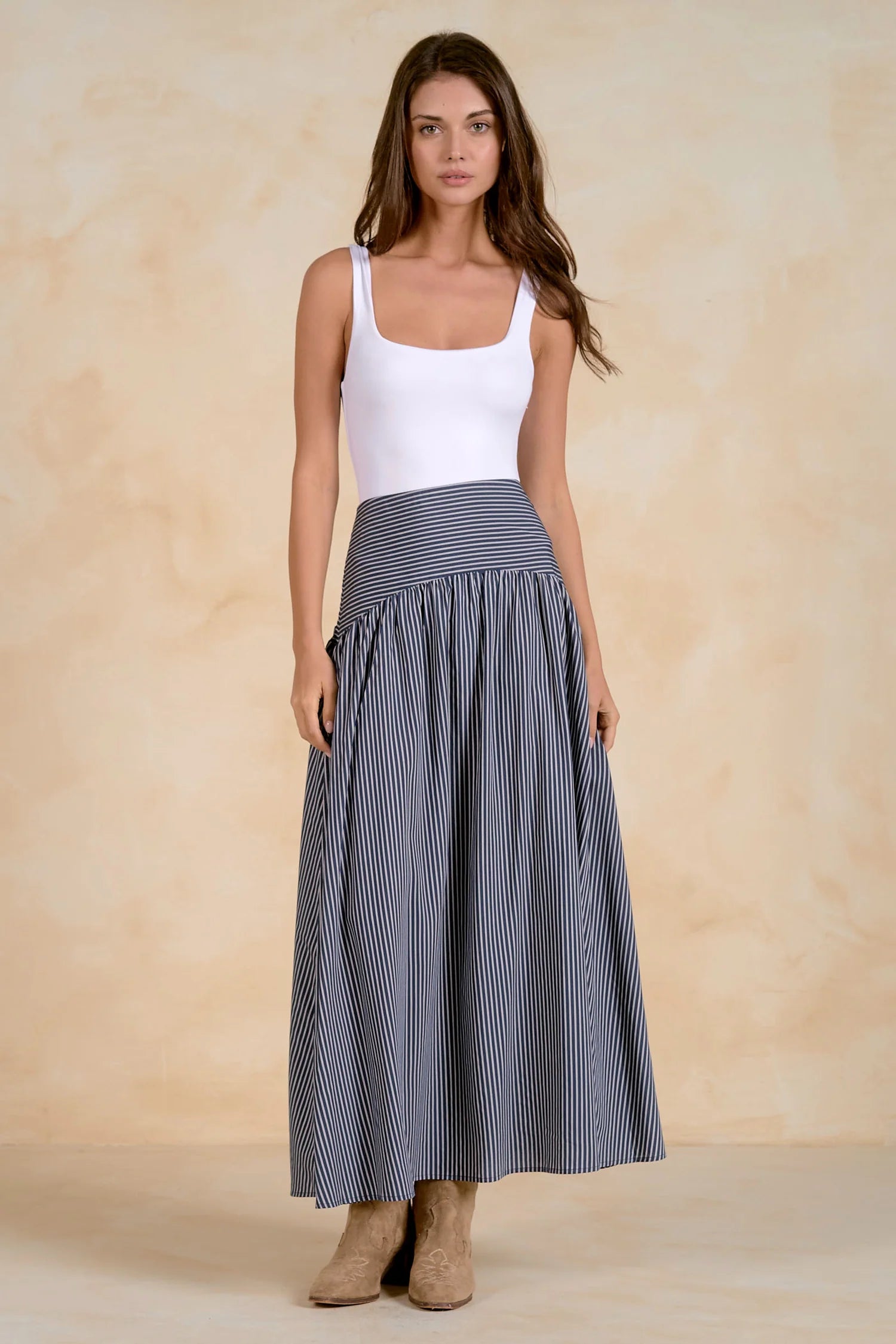 Navy & White Mixed Stripe Midi Skirt
