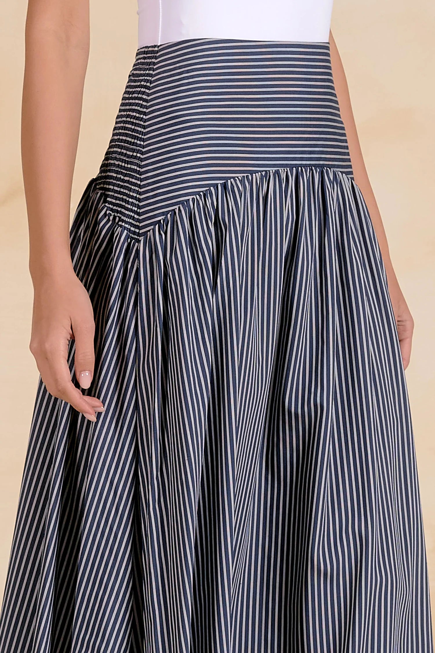 Navy & White Mixed Stripe Midi Skirt