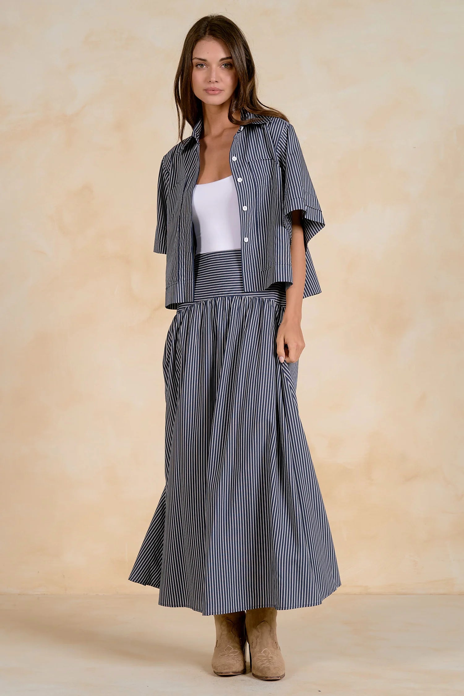 Navy & White Mixed Stripe Midi Skirt