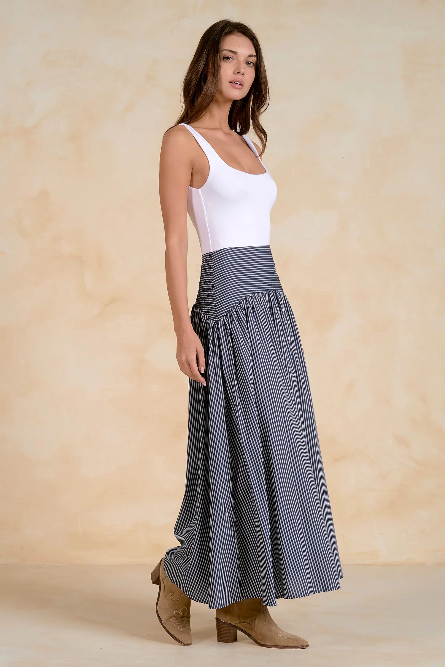 Navy & White Mixed Stripe Midi Skirt