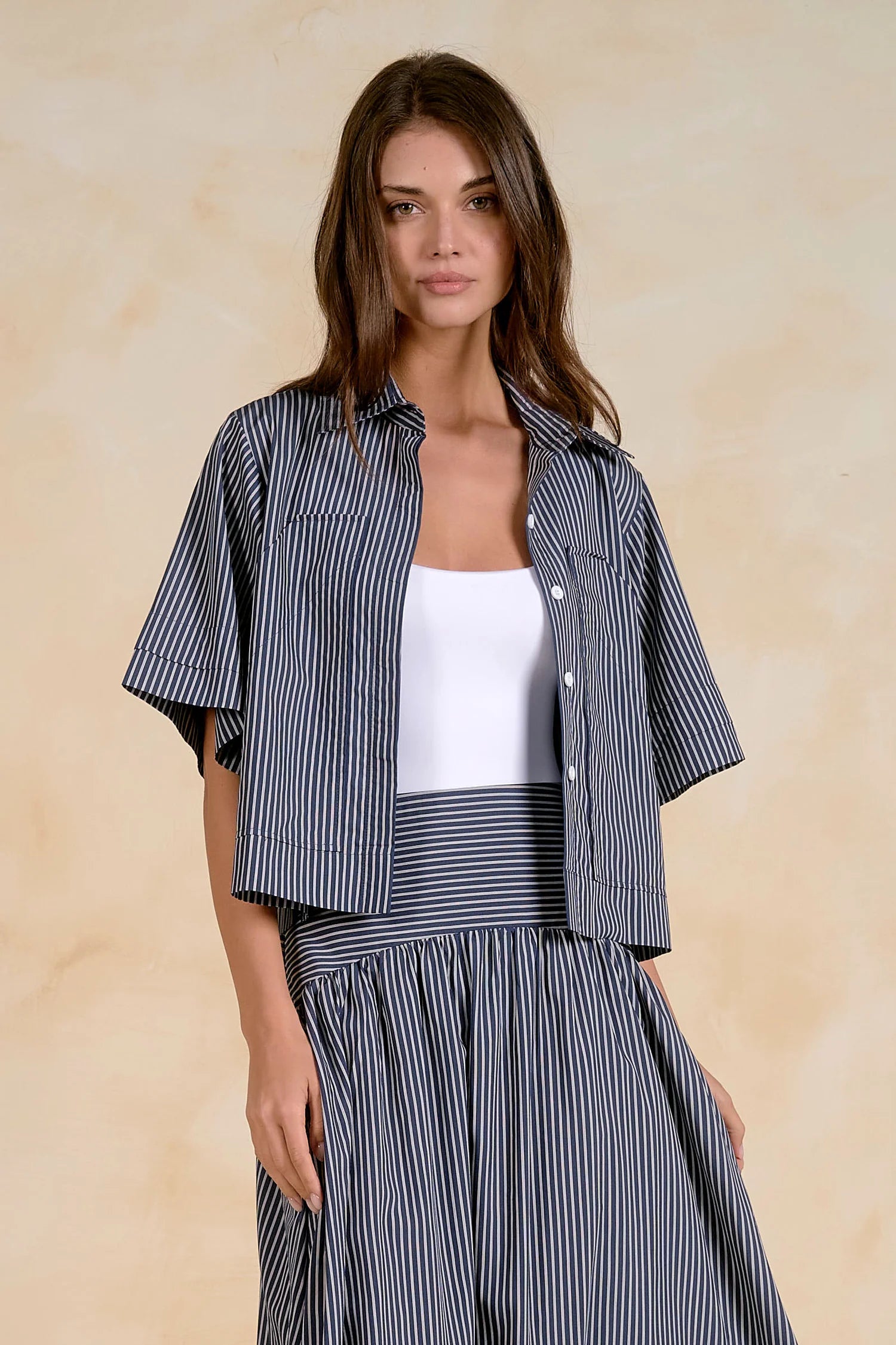 Navy & White Striped Boxy Button-Up Shirt