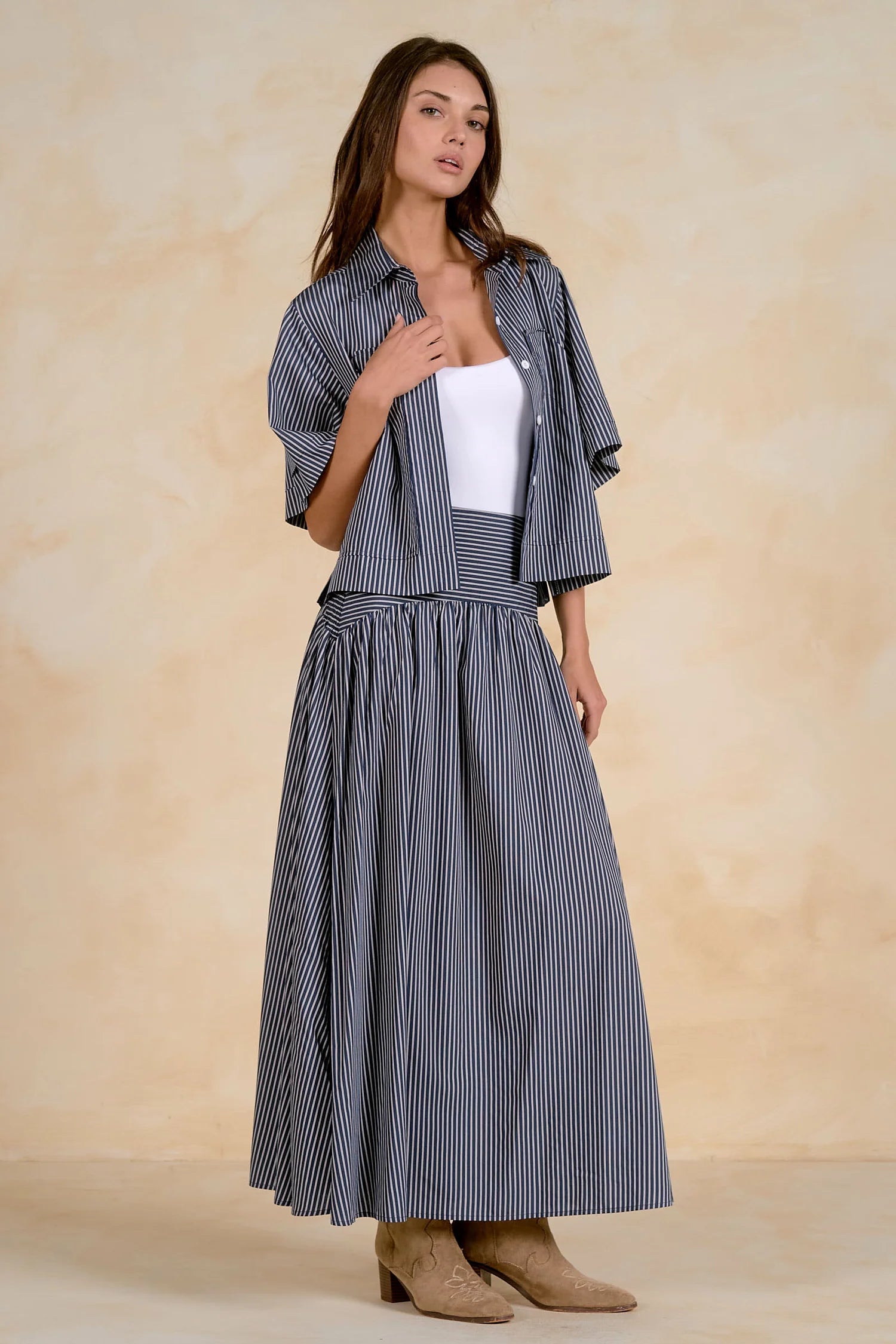 Navy & White Striped Boxy Button-Up Shirt