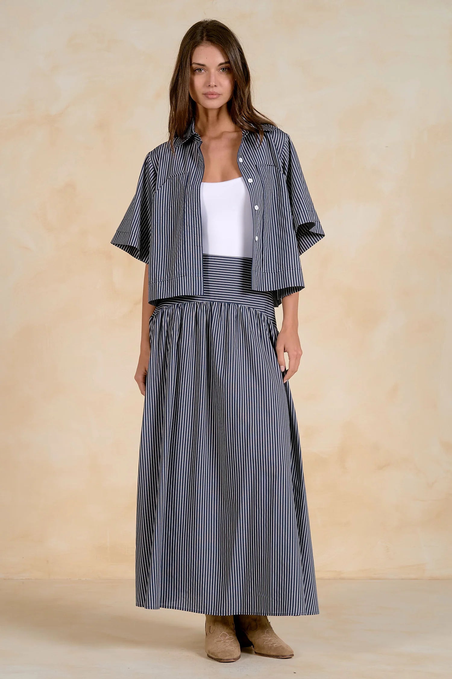 Navy & White Striped Boxy Button-Up Shirt
