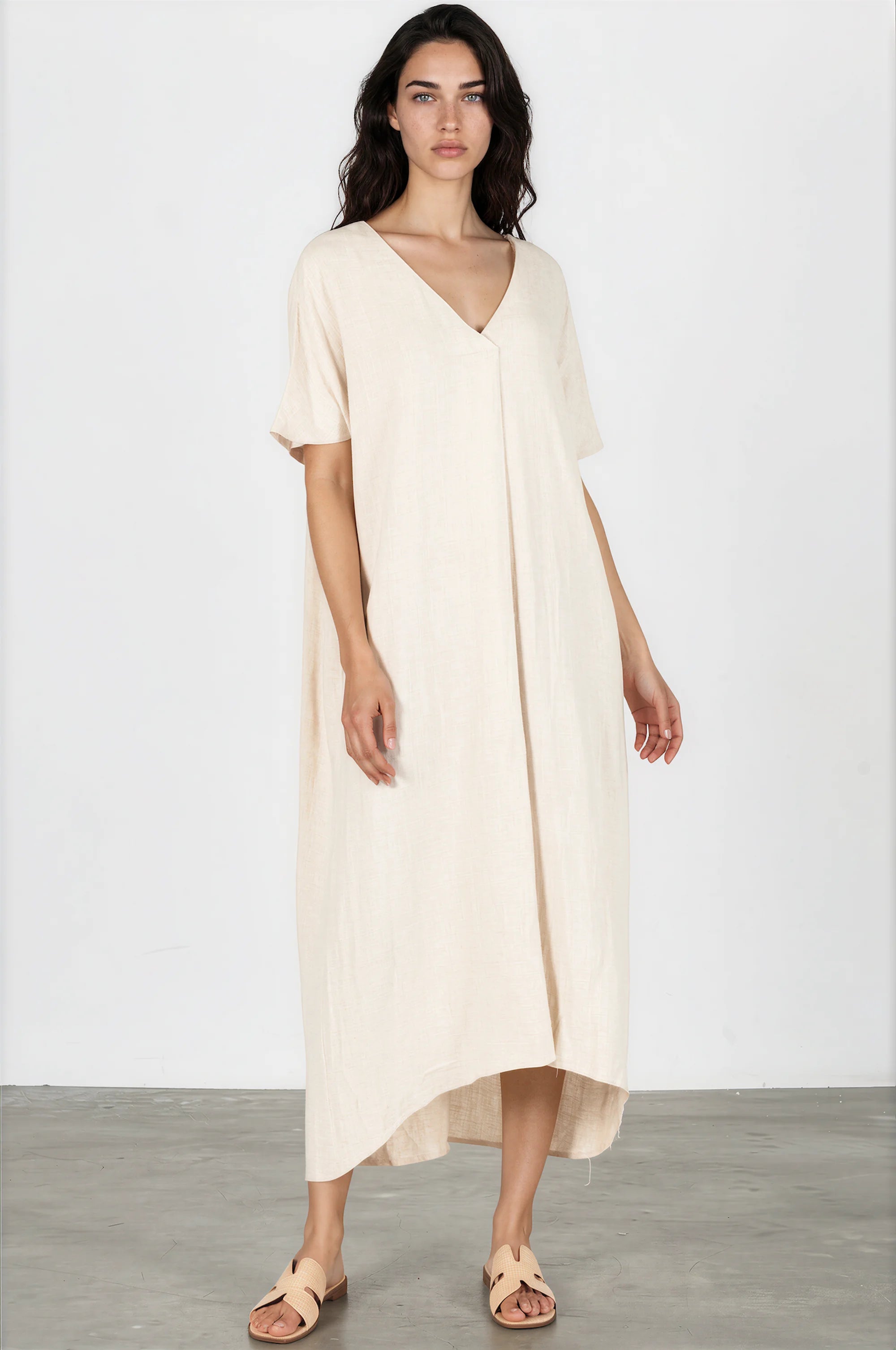 Natural V-Neck Cotton Linen Midi Dress — Short Sleeve, Relaxed