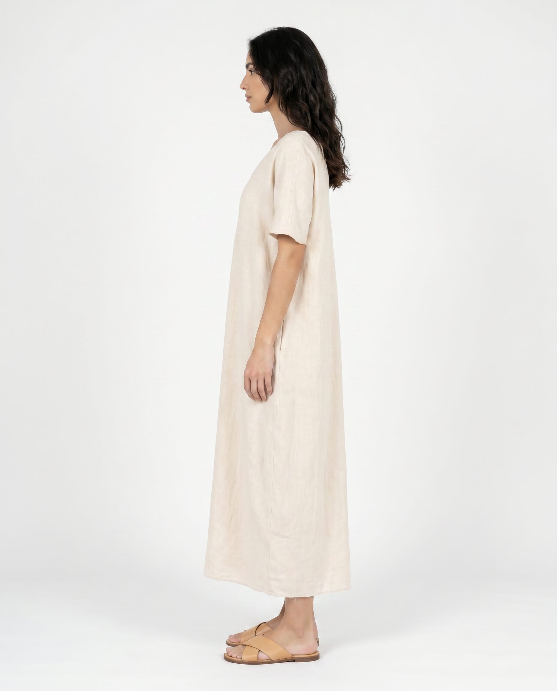 Natural V-Neck Cotton Linen Midi Dress — Short Sleeve, Relaxed